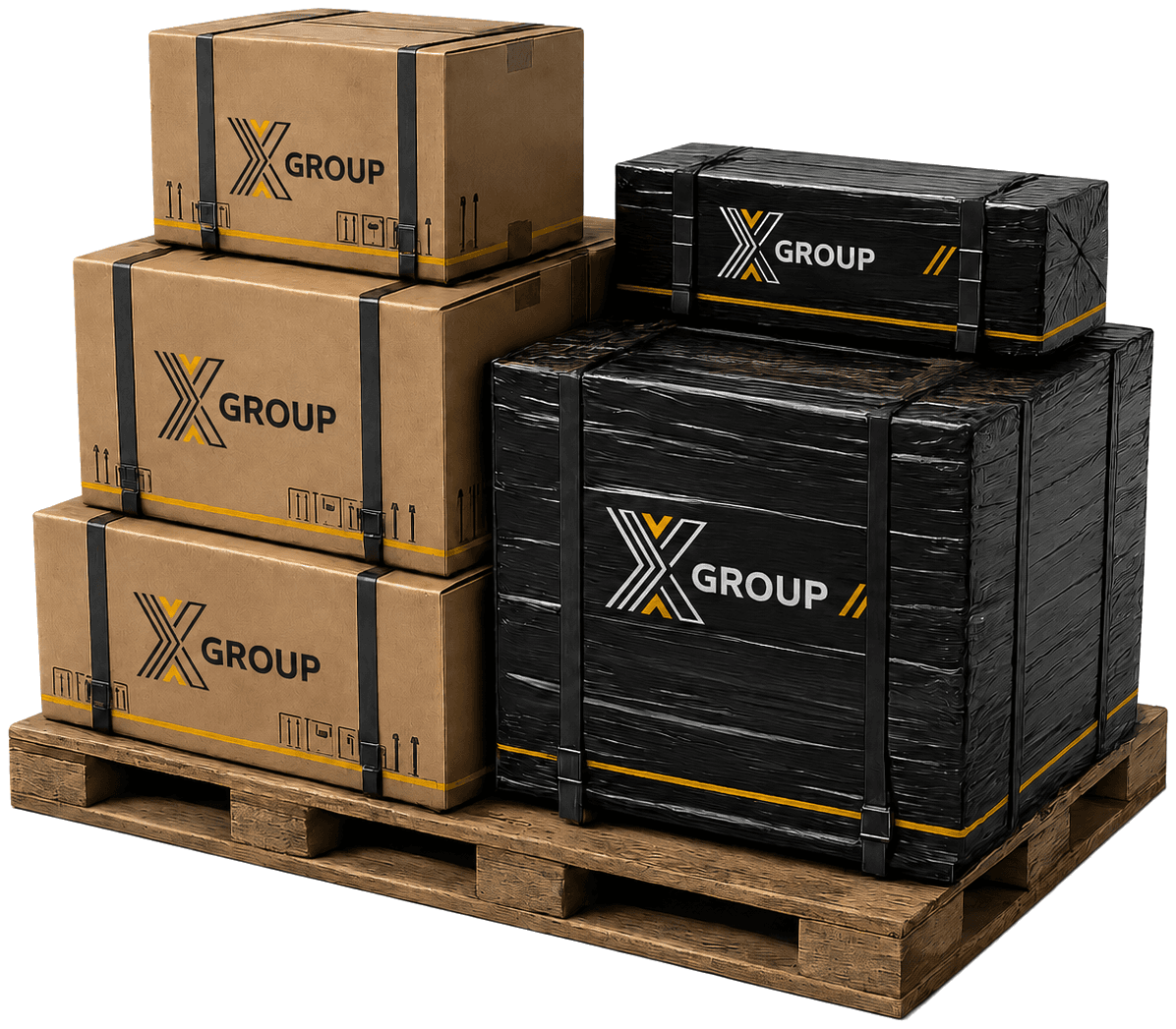 X Group branded boxes on a pallet